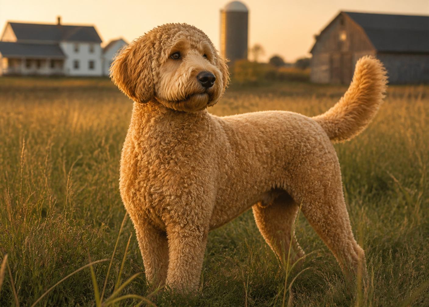 Barkley, an apricot multigen Goldendoodle stud, standing in a field at golden hour